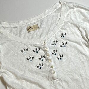 Hollister Bejeweled Henley Top Size L Ivory 3/4 Sleeve y2k Lightweight Shirt